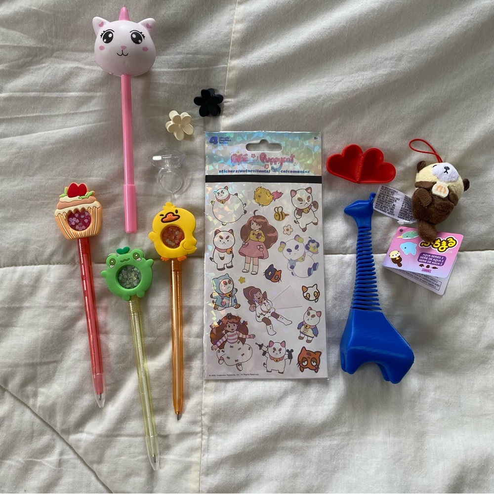 HUGE 11 Piece Kawaii Stationary & Trinket Lot ~ Puppycat Stickers Pens Hairclips